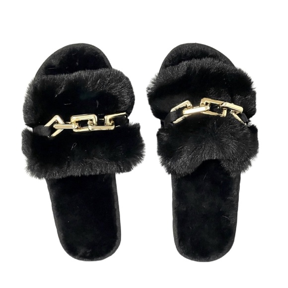 Shoes - 1006-Black Golden Metal Fluffy Slippers